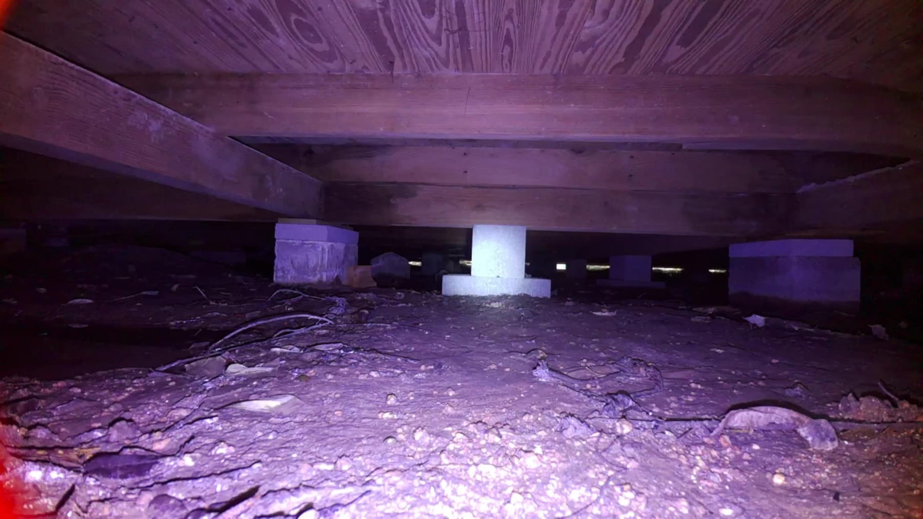Rover photo showing a broad crawlspace view with piers, beams, soil, and low clearance