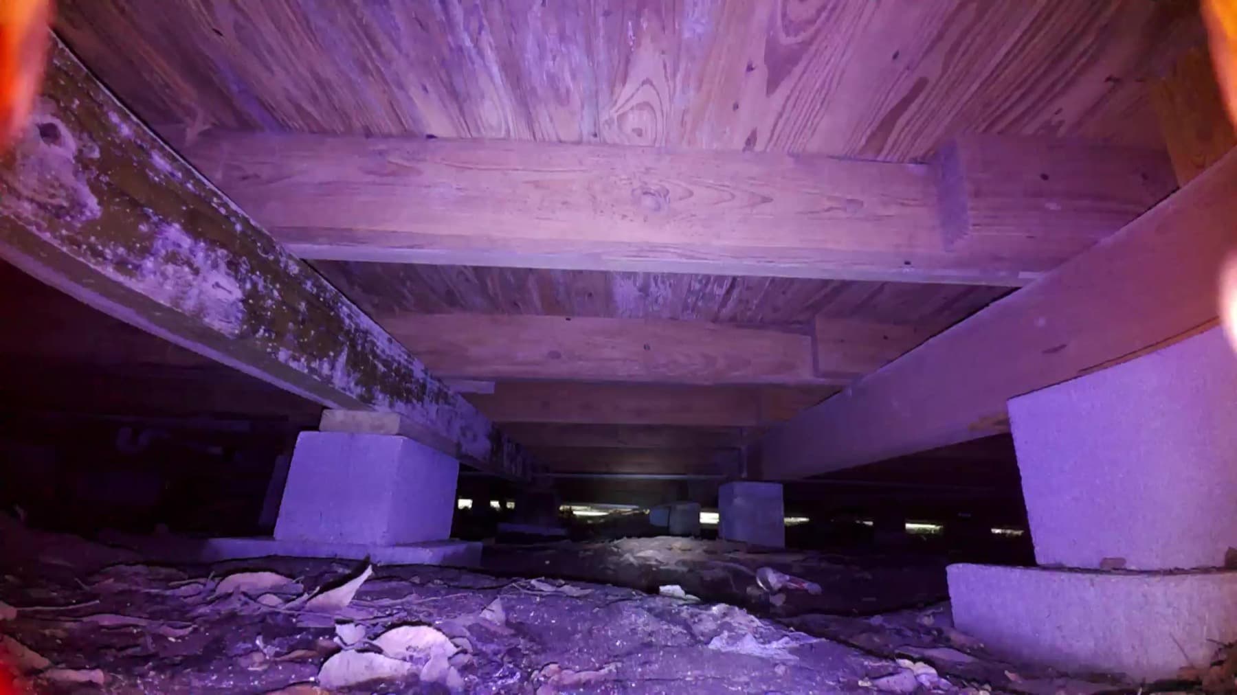 Rover photo showing crawlspace support piers, beams, soil, and reachable path conditions