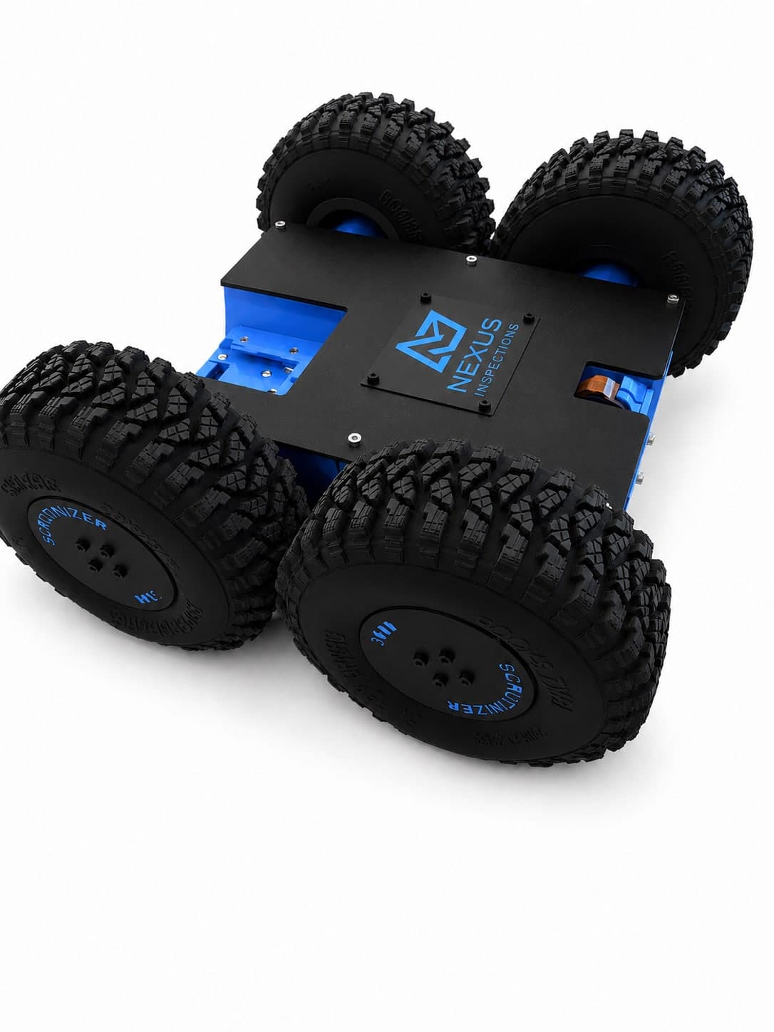 Custom blue Scrutinizer rover angled top view with cleaned tires and logo panel
