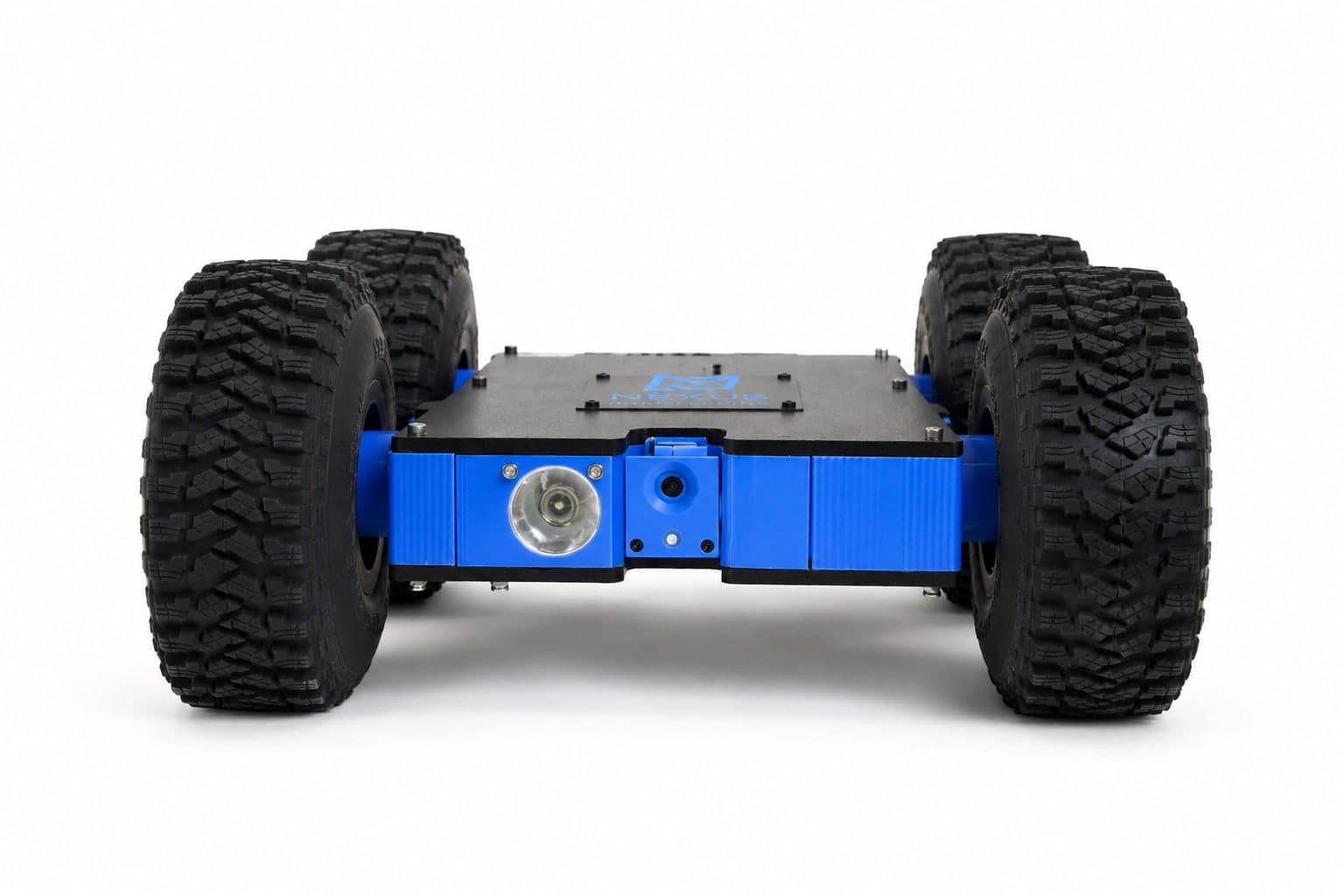 Custom blue Scrutinizer crawlspace inspection robot front view