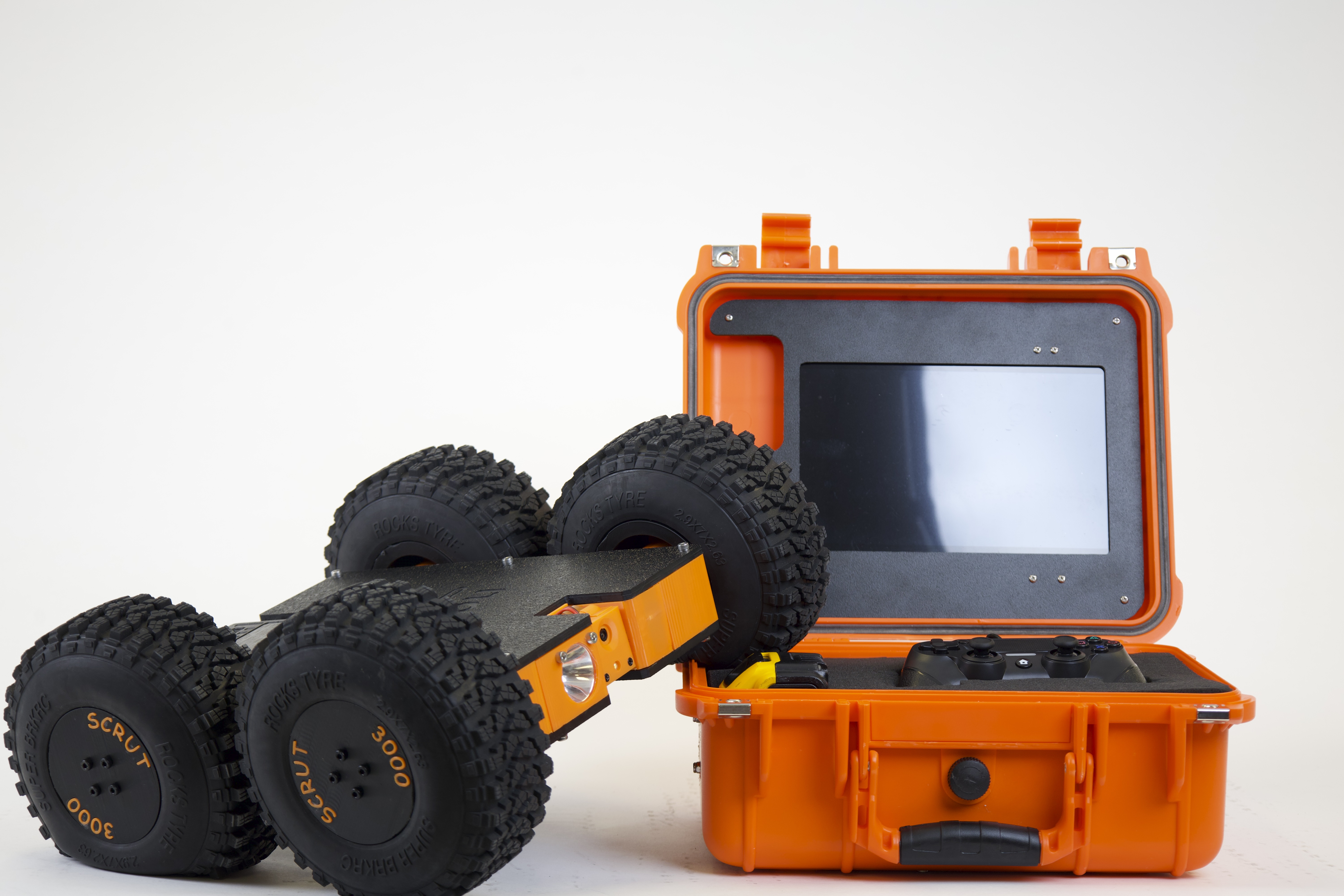 Crawlspace inspection robot kit with controller and storage case